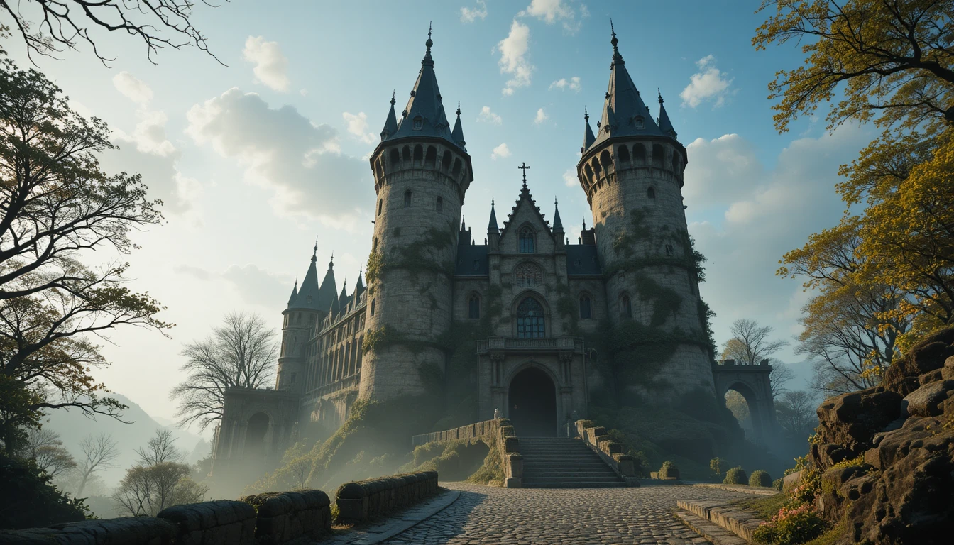 Silhueta de castelo com altas torres sobre uma tranquila rua de paralelepípedos