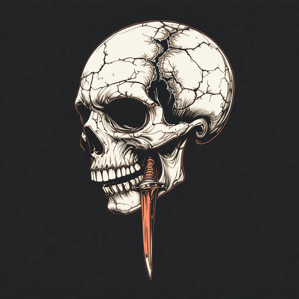 Caveira rachada selvagem com adaga – arte vetorial para camiseta