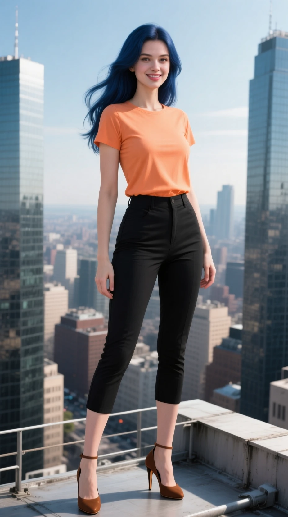 Confident French woman on city rooftop in stylish outfit