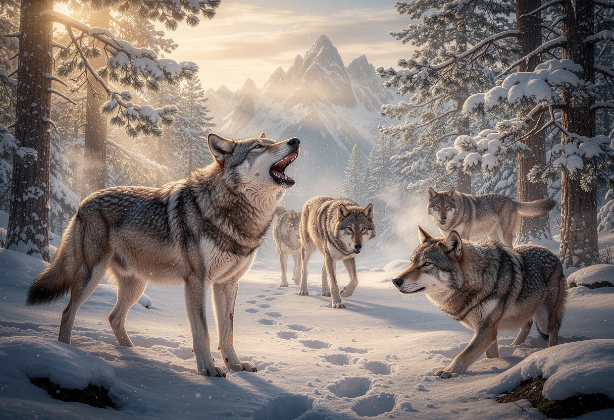 Lobos em uma floresta montanhosa nevada na hora dourada