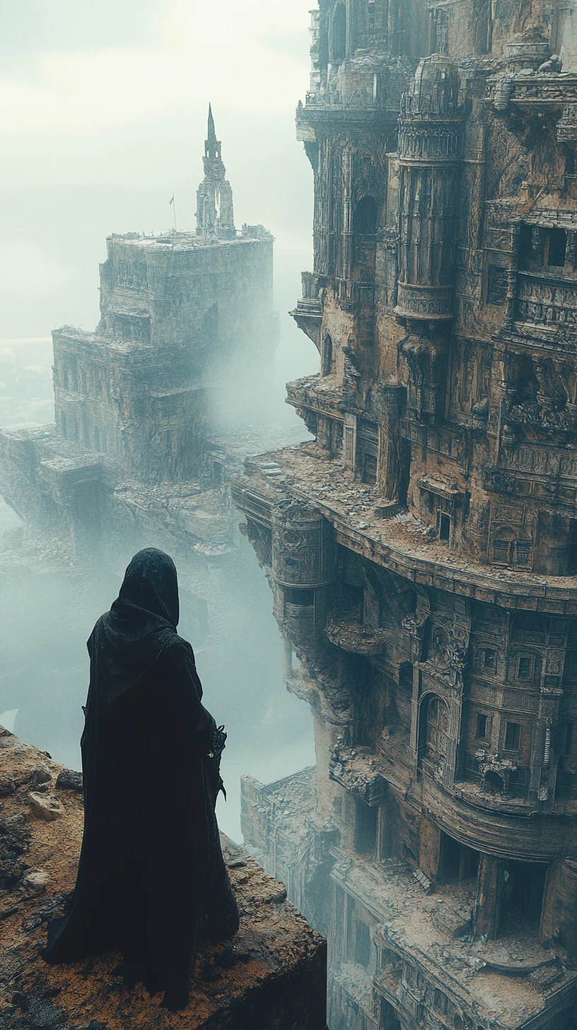 Voyageur temporel encapuchonné face à une vaste cité labyrinthique
