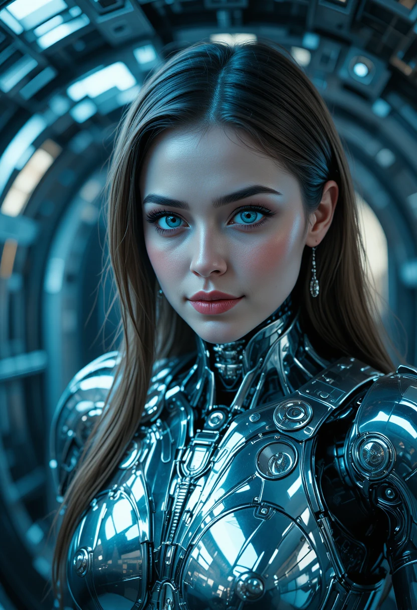 Femme cyborg en armure chromée dans une capsule de science‑fiction