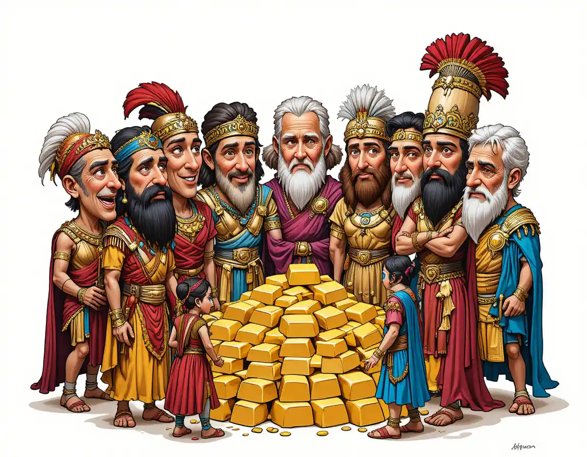 Personnages historiques dans un cercle coloré autour de lingots d’or