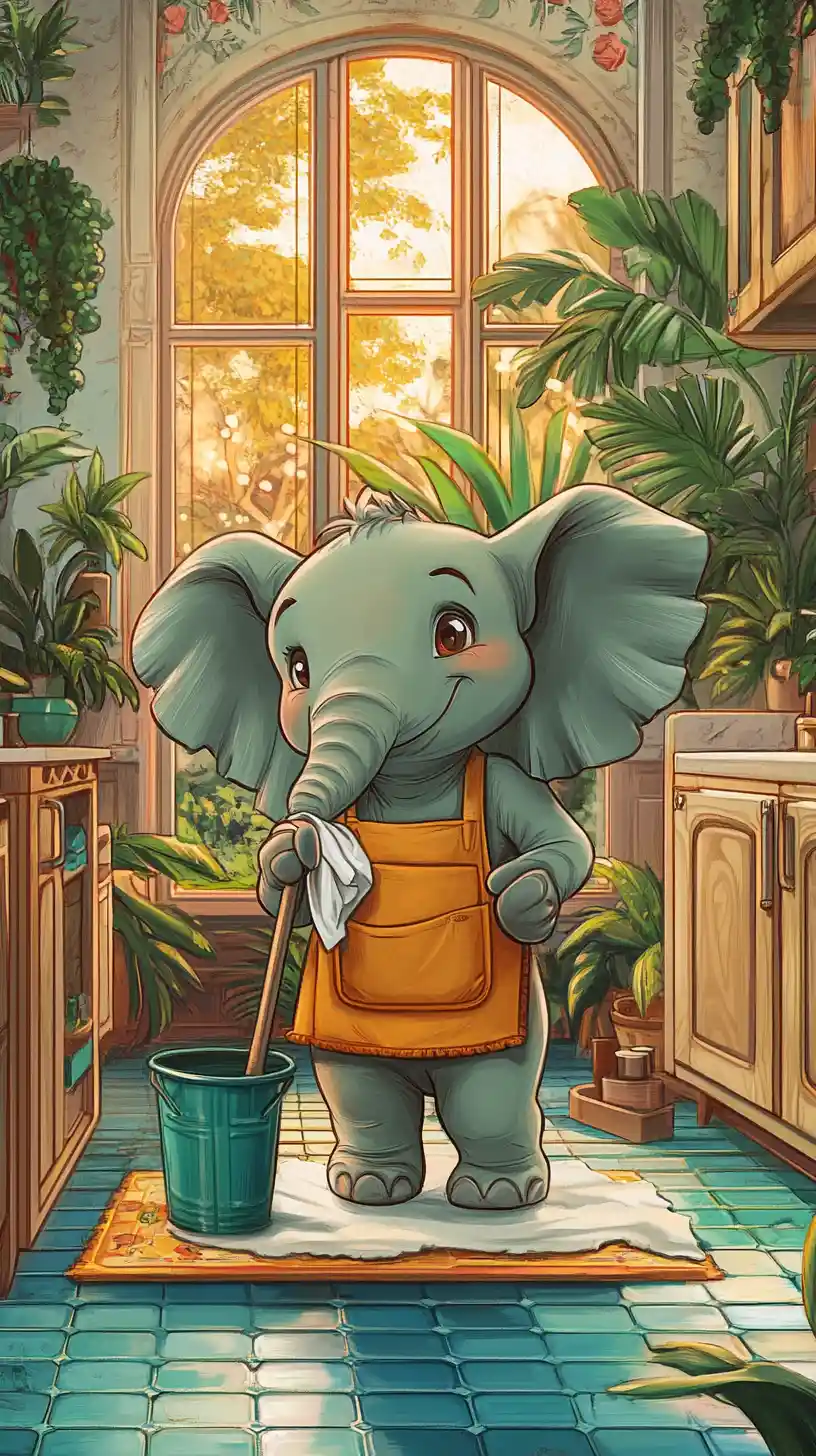 Alegre Elefante de Dibujos Animados Limpiando en un Baño con Estilo
