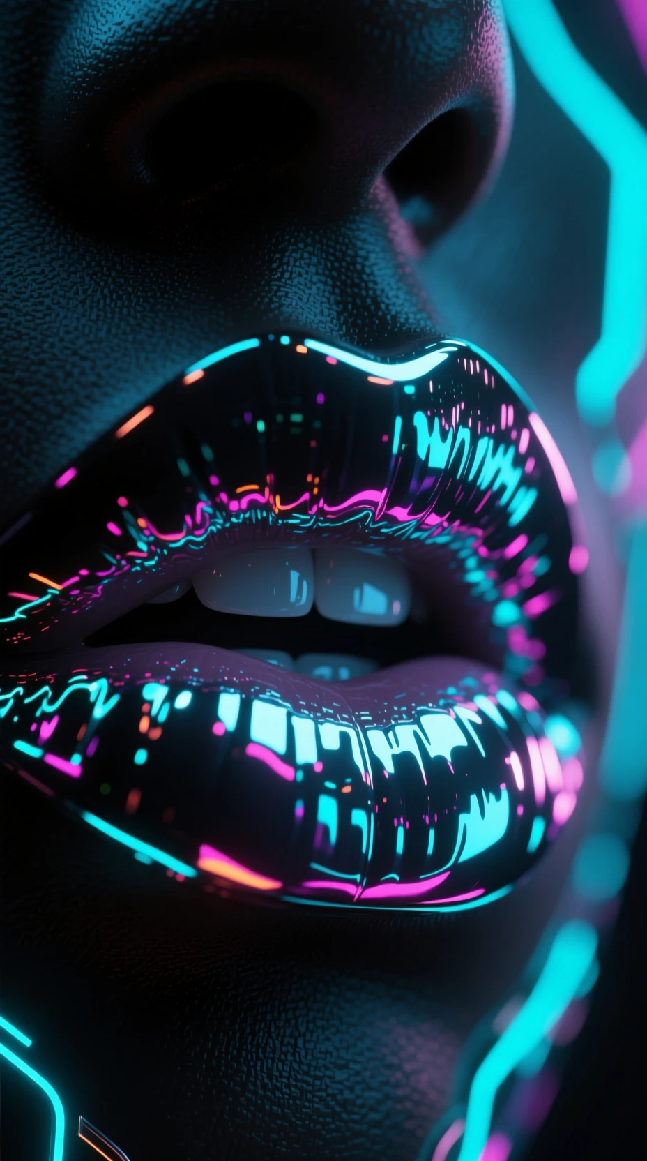 Lèvres chromées néon cyberpunk en très gros plan sur fond noir