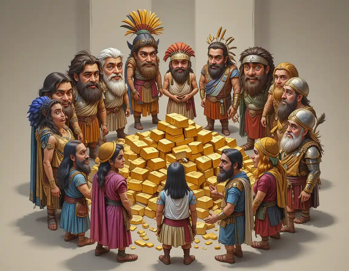 Historical figures in colorful outfits circle gleaming gold bars