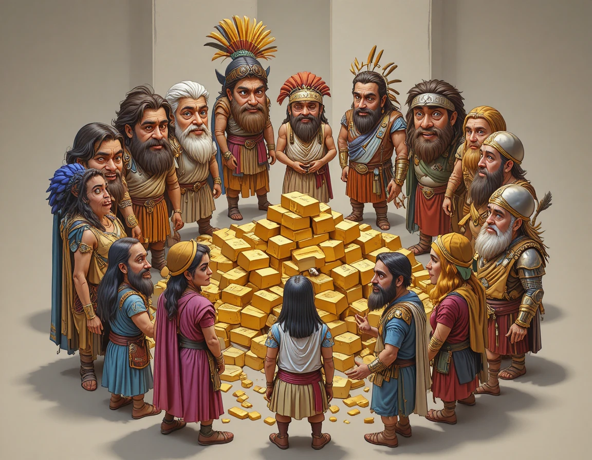 Historical figures in colorful outfits circle gleaming gold bars