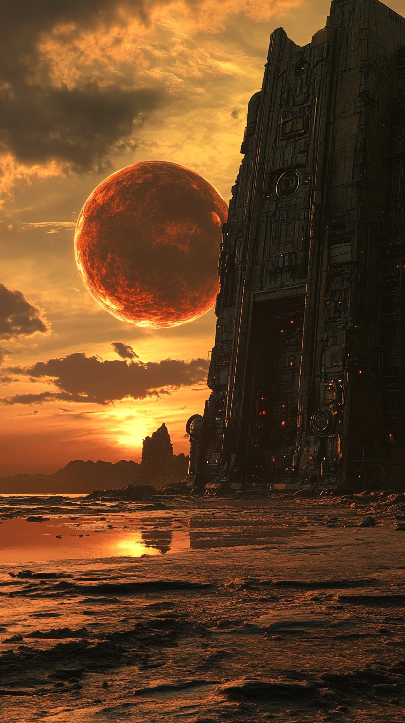 Doca espacial abandonada sob sóis gêmeos em um mundo árido