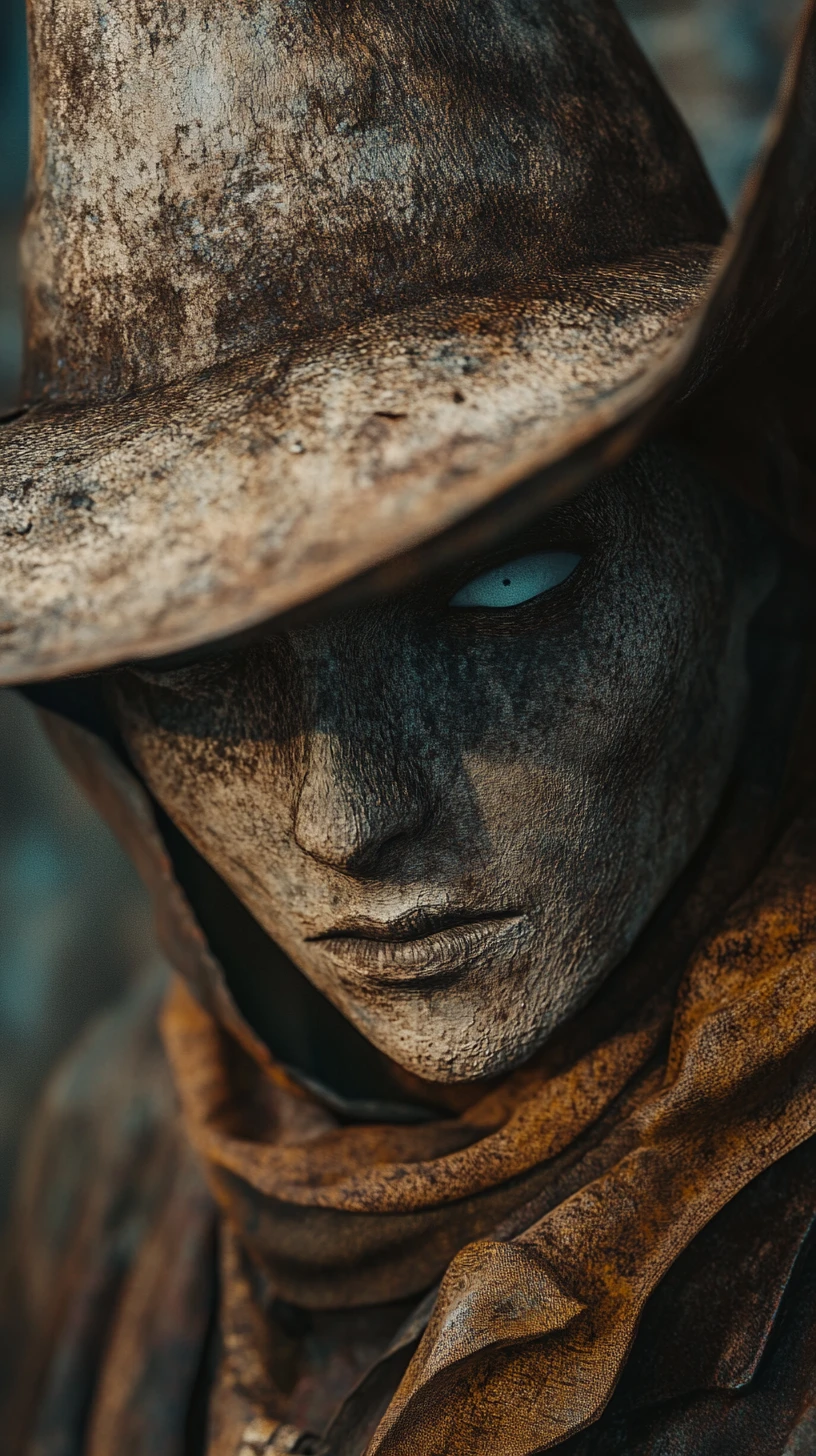 Primo piano di un cowboy anime solitario in una città rustica