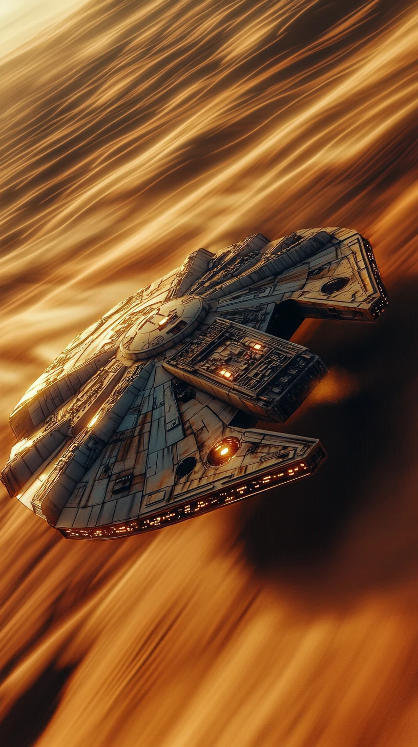 Futuristic hover spaceship gliding over desert dunes