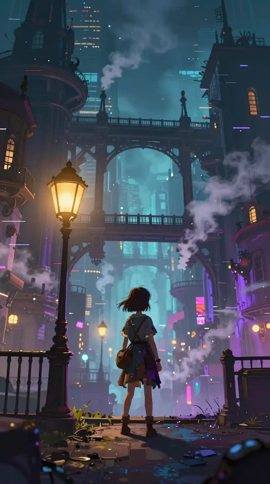 Garota solitária em uma cidade steampunk enfumaçada à noite