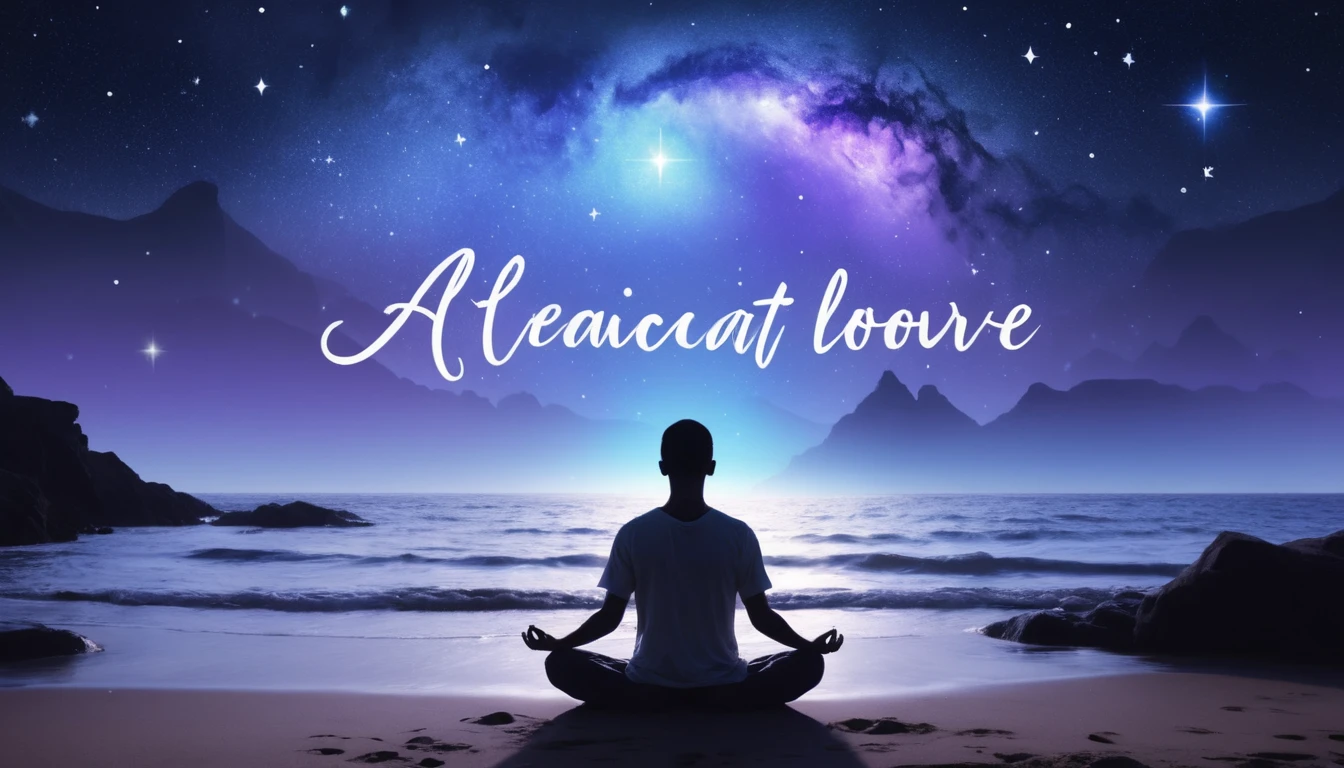 Cielo nocturno pacífico con silueta meditando y brillo suave