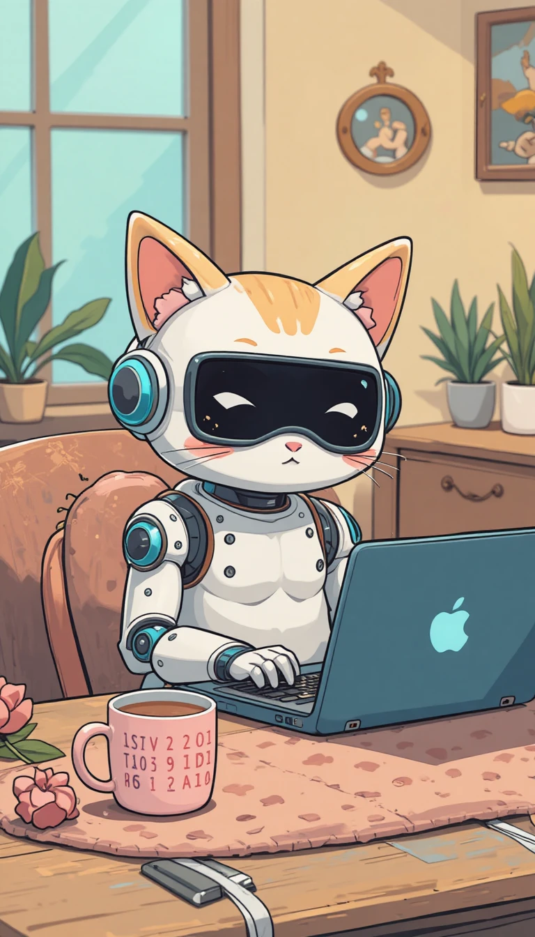 Cute cartoon cat programmer coding in a cozy room
