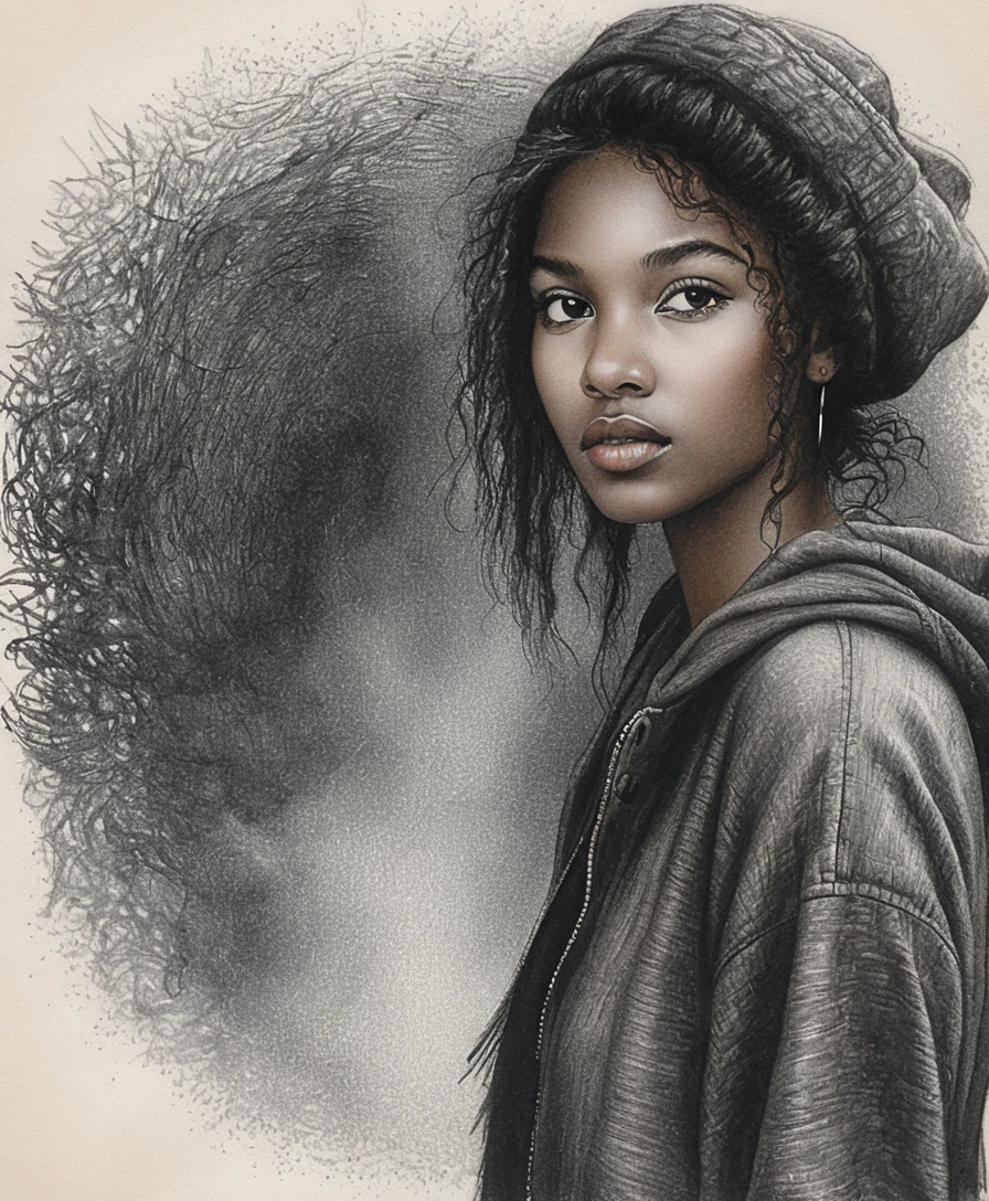 Charcoal portrait of serene young woman on toned gray paper