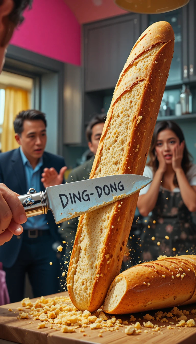 Chef suona una campanella da bicicletta montata su un coltello da pane mentre affetta una baguette