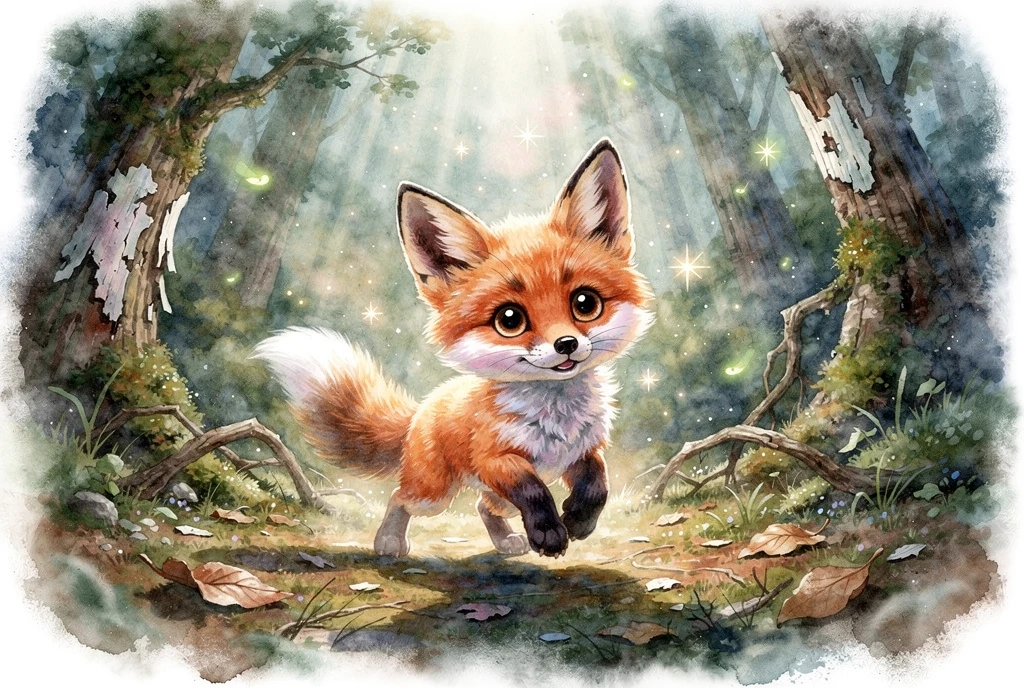Adorable renardeau 3D posant dans une forêt délabrée en aquarelle