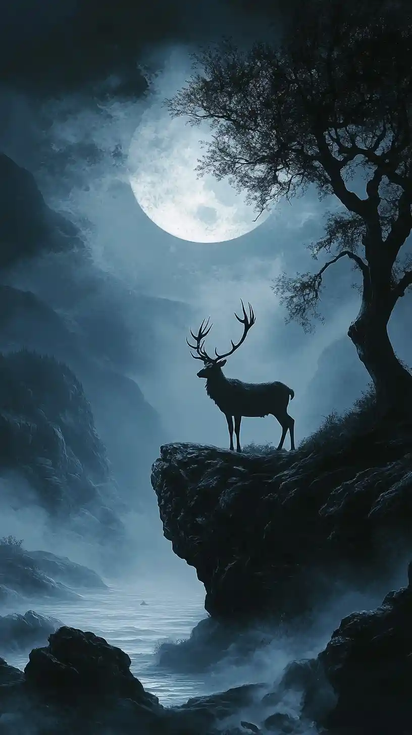 Silhouette di un cervo solitario sotto una vasta luna luminosa