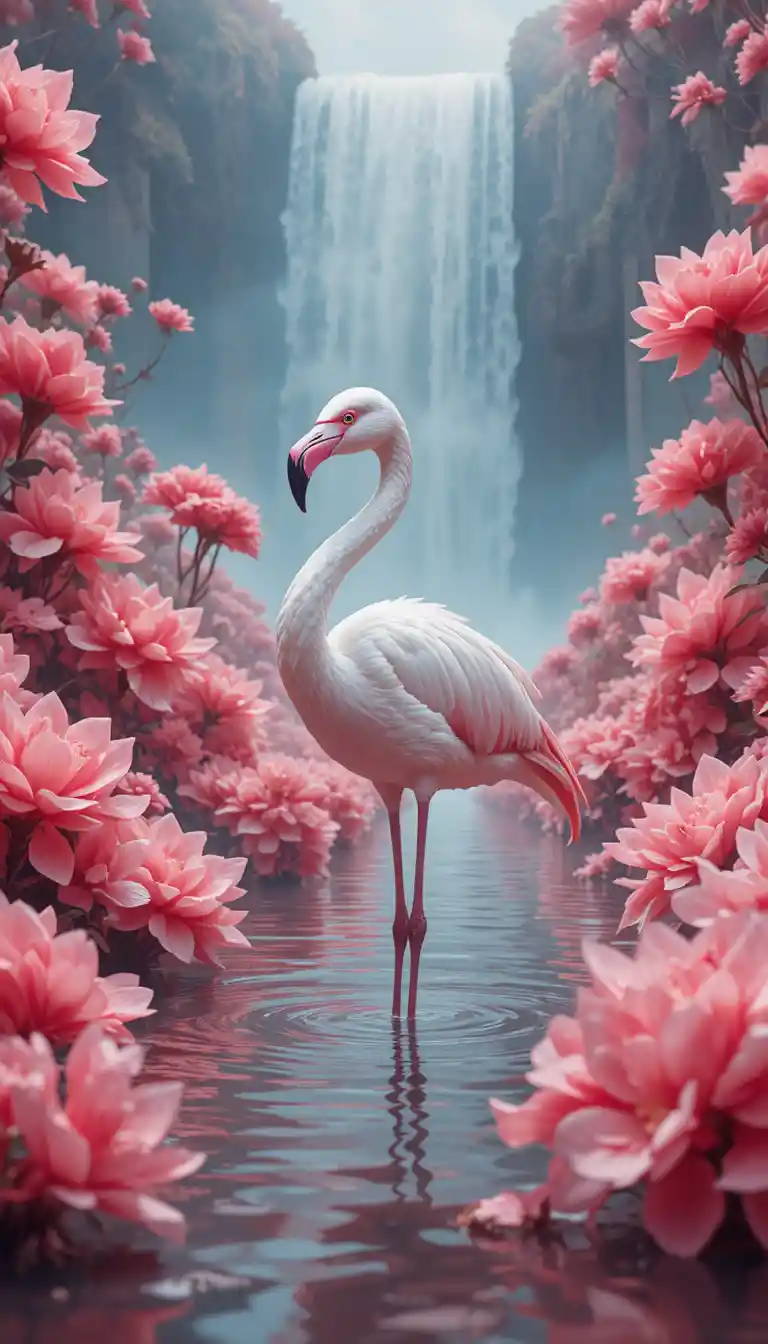 White flamingo in dreamy pool with misty waterfall backdrop
