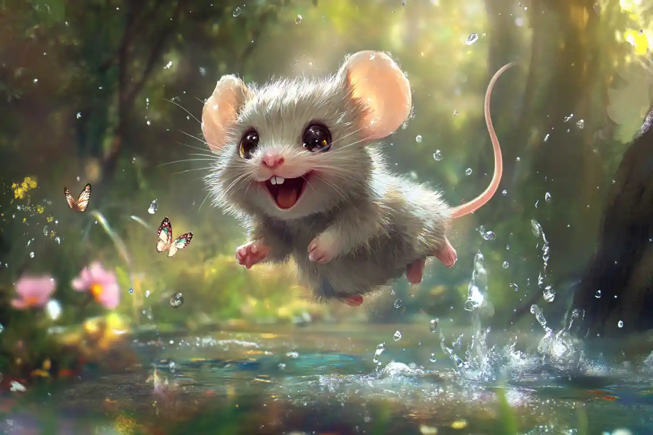 Souris chibi joyeuse sautant par-dessus un ruisseau forestier