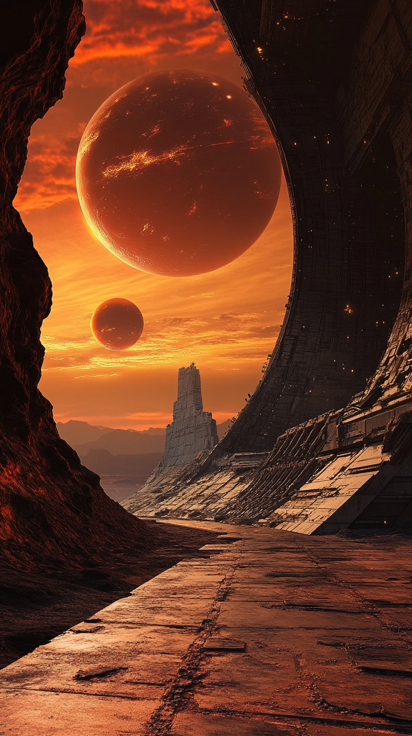 Baía de Atracação Espacial Abandonada ao Pôr do Sol Binário em Chamas