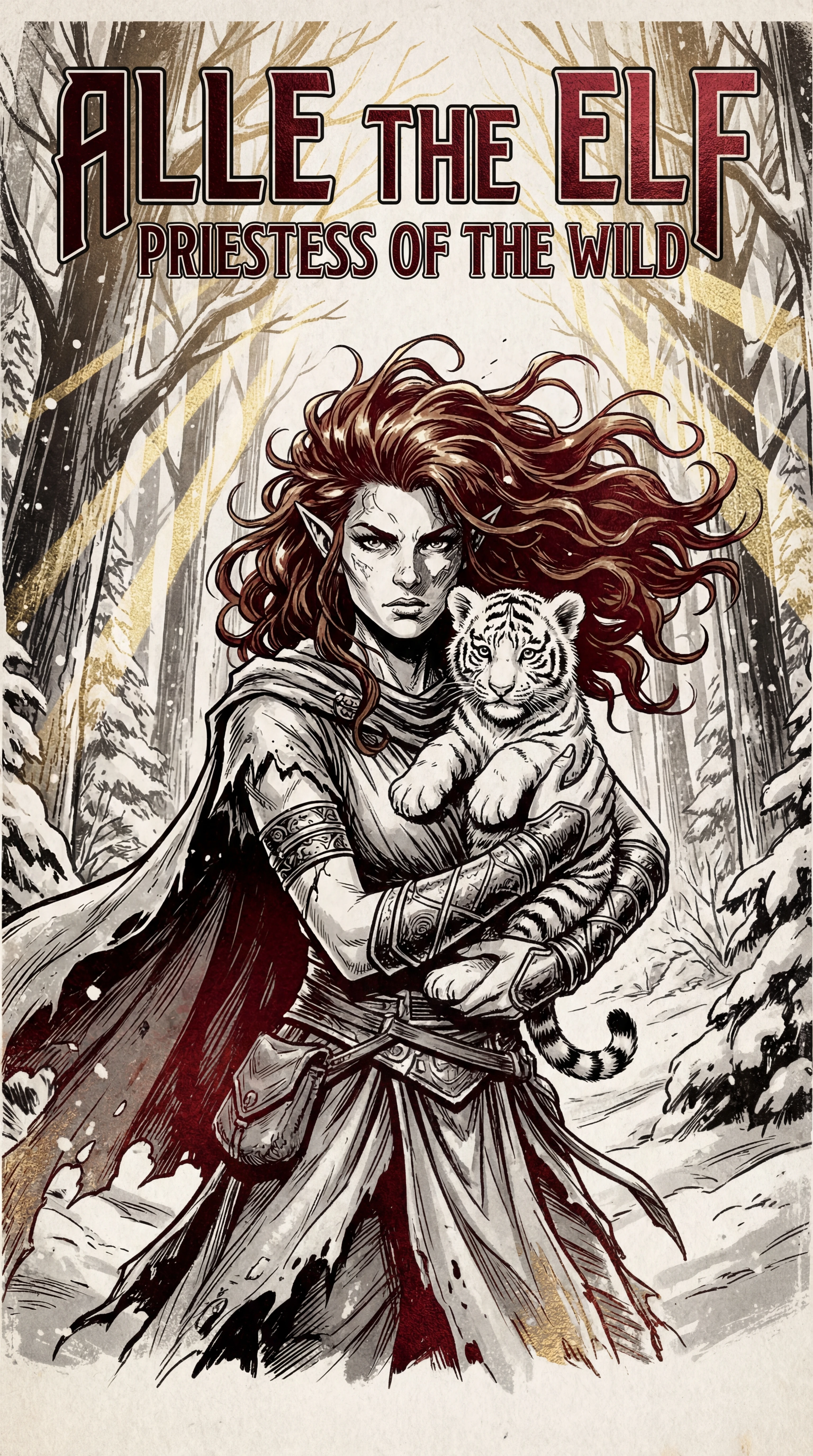 Elf priestess holding a white tiger cub in snowy woods