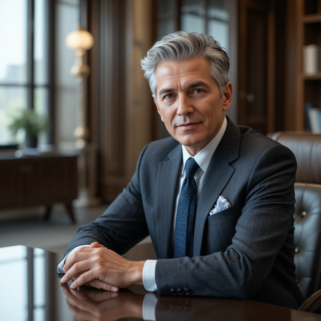 Retrato de empresário sênior confiante em mesa de escritório moderna