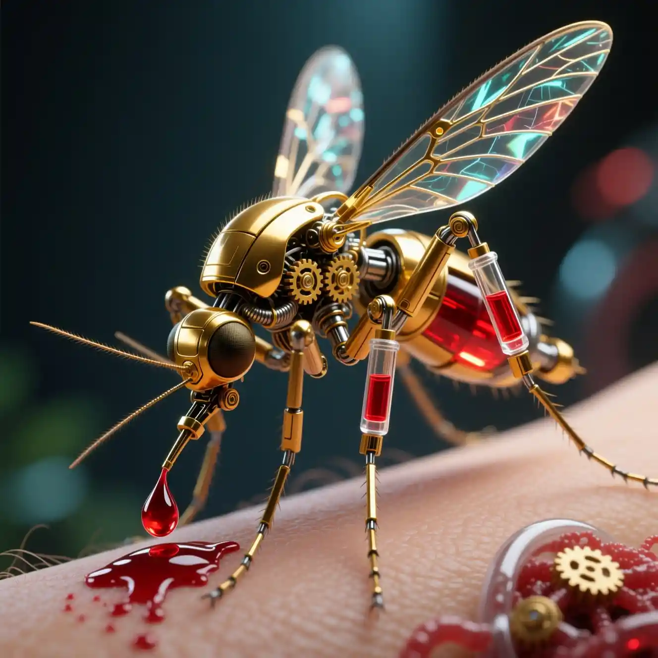 Futuristic robotic mosquito drawing blood from human skin