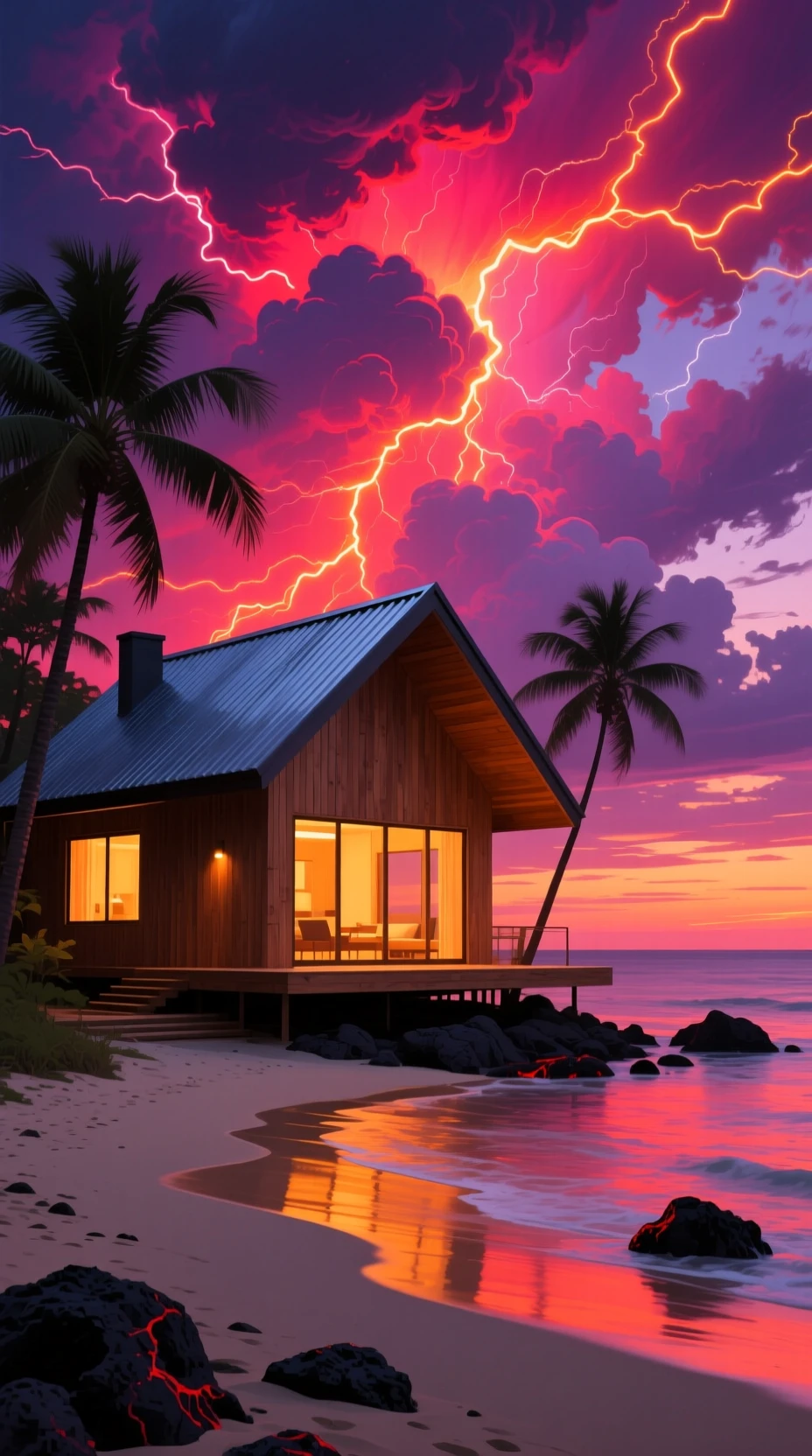 Casa de praia moderna de madeira sob um dramático céu de pôr do sol tropical