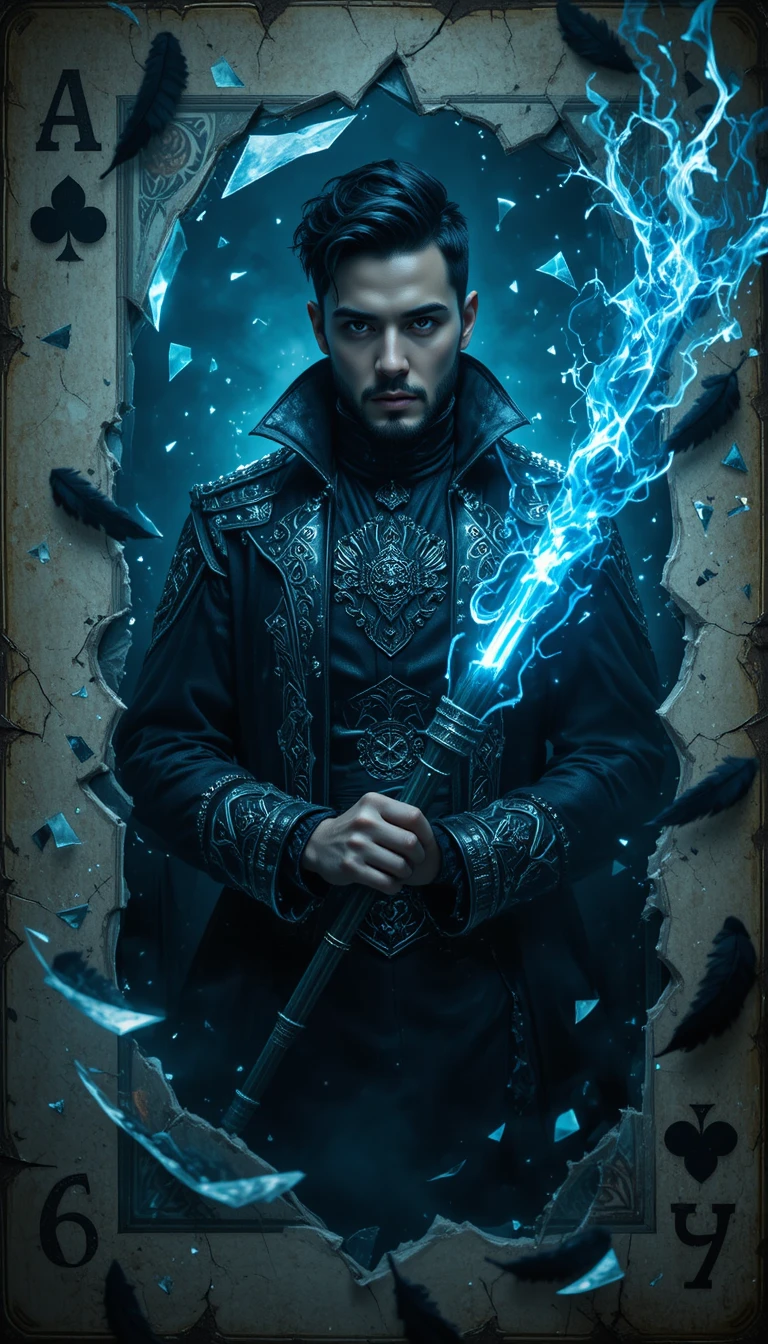 Sorcier guerrier dark fantasy jaillissant d’une carte à jouer brisée