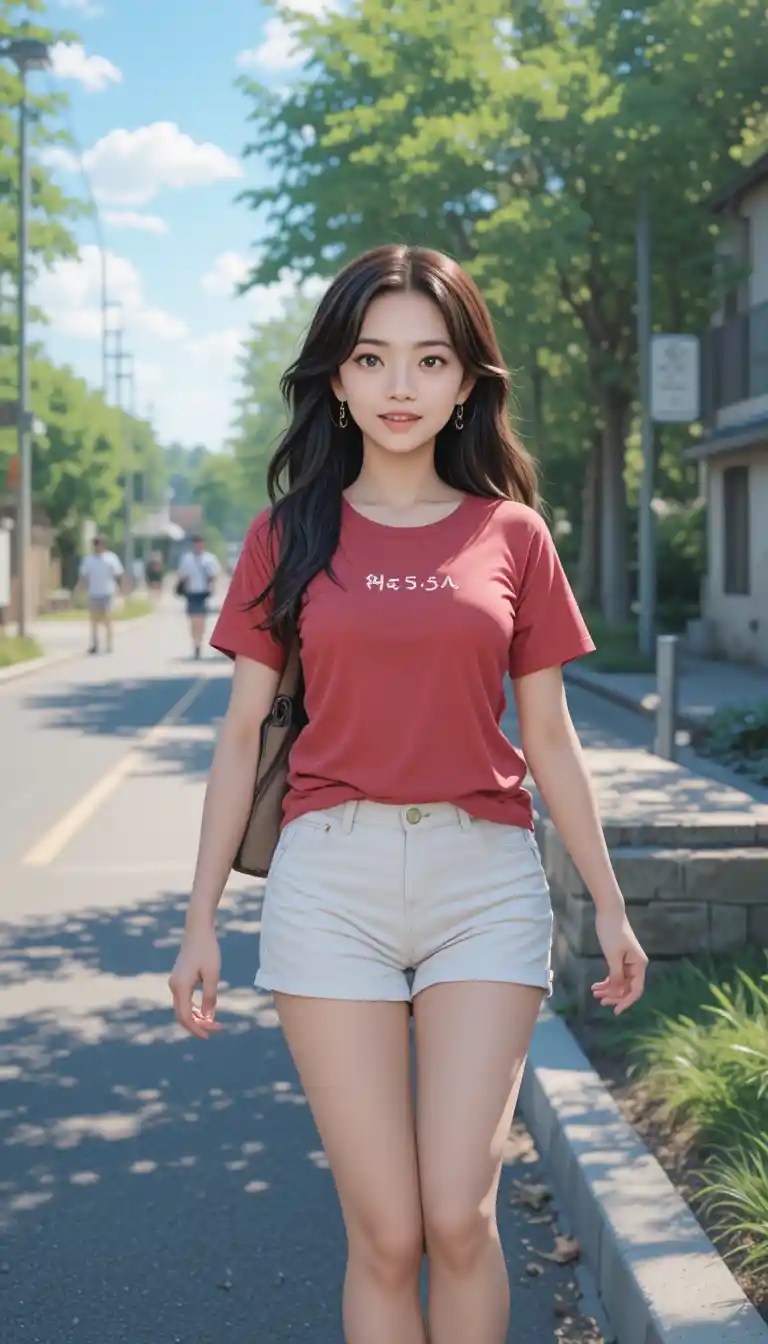 Anime girl singing as she walks along a sunny road