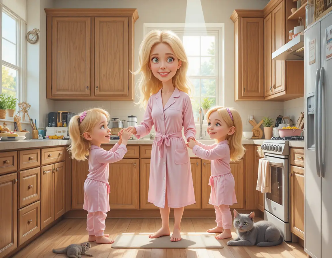 Mamá ayuda a dos niñas pequeñas a cocinar en una cocina luminosa