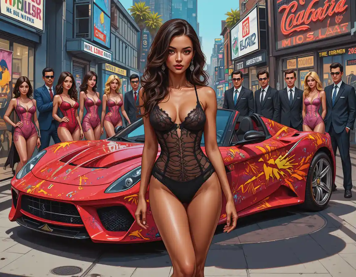 Mujer glamurosa en lencería negra posando junto a coche deportivo rojo