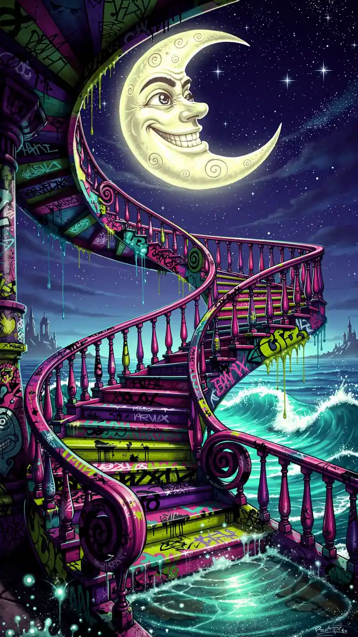 Escalier en Spirale Surréaliste Descendant vers un Océan Nocturne Étoilé