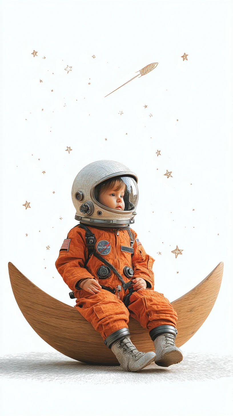 Bebê astronauta em lua de madeira com fundo infantil estrelado