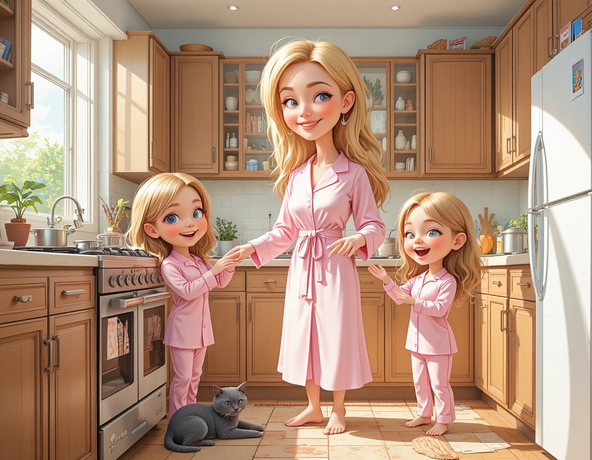 Mother helping daughters cook together in bright kitchen