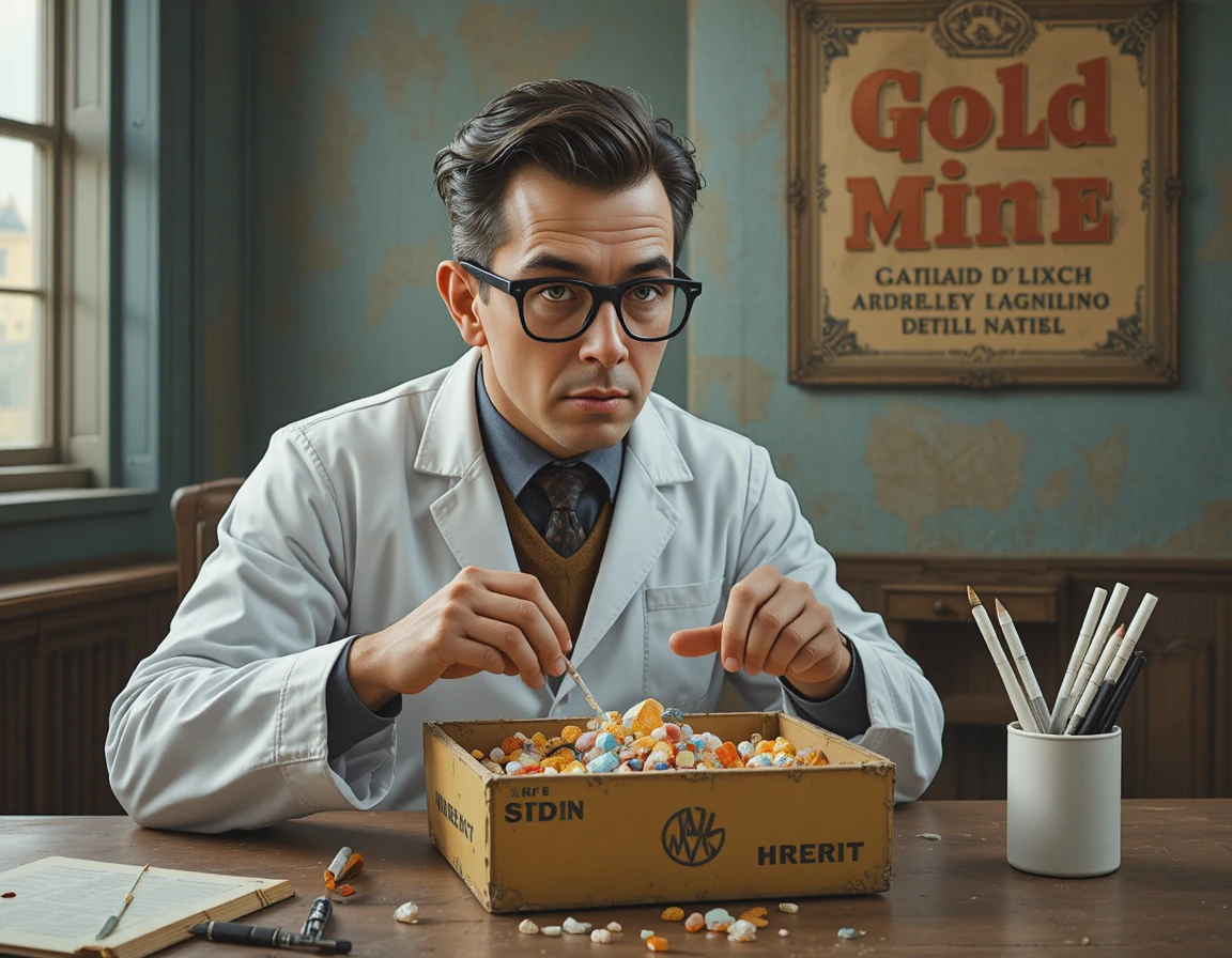 Retro digital art scientist sorting gemstones at desk