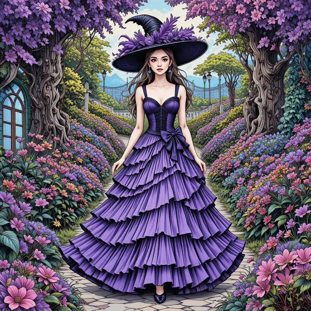 Elegant woman in purple gothic dress in lush garden