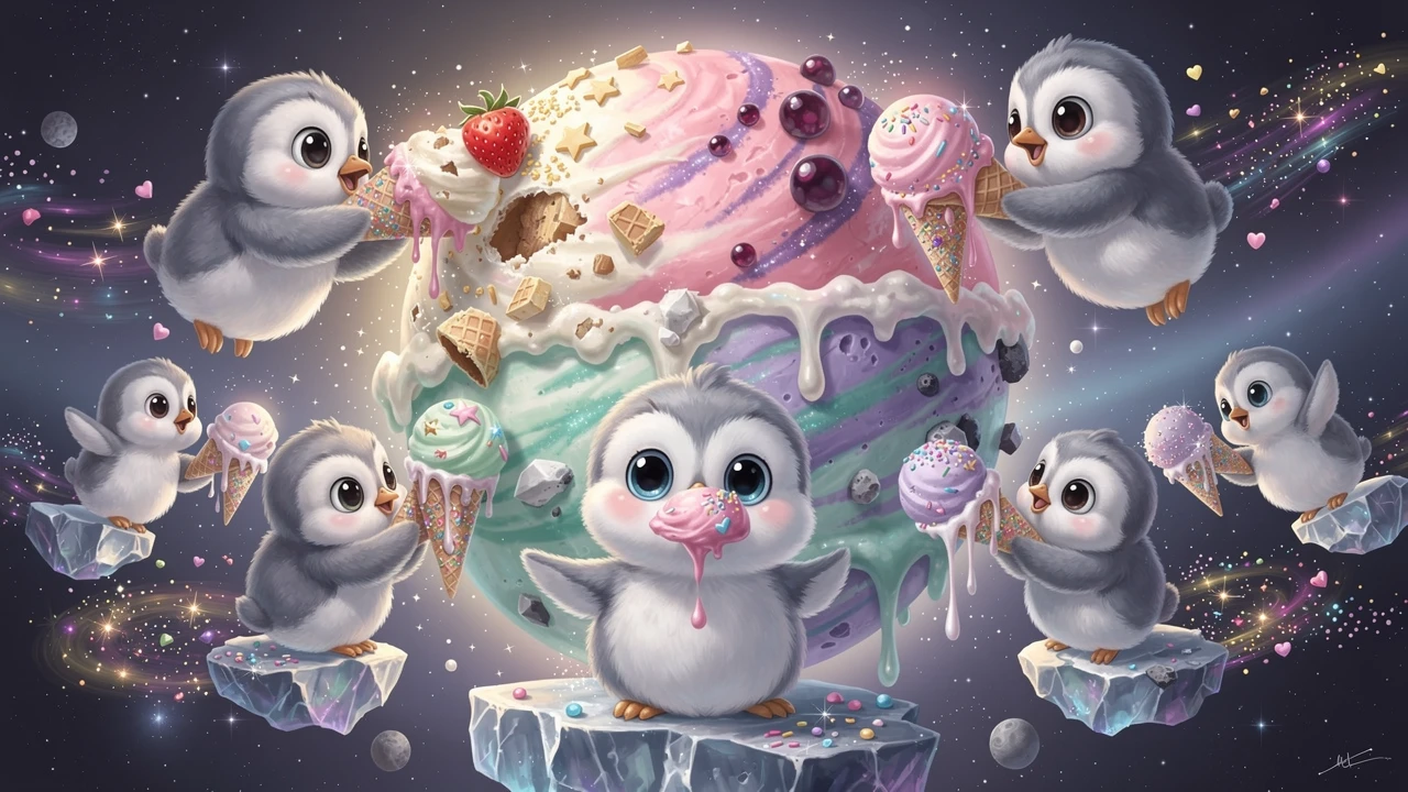 Adorables bebés pingüinos compartiendo un brillante cometa de helado cósmico