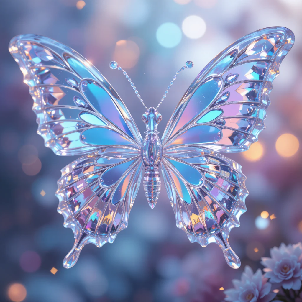 Glass butterfly with crystal wings and rainbow reflections