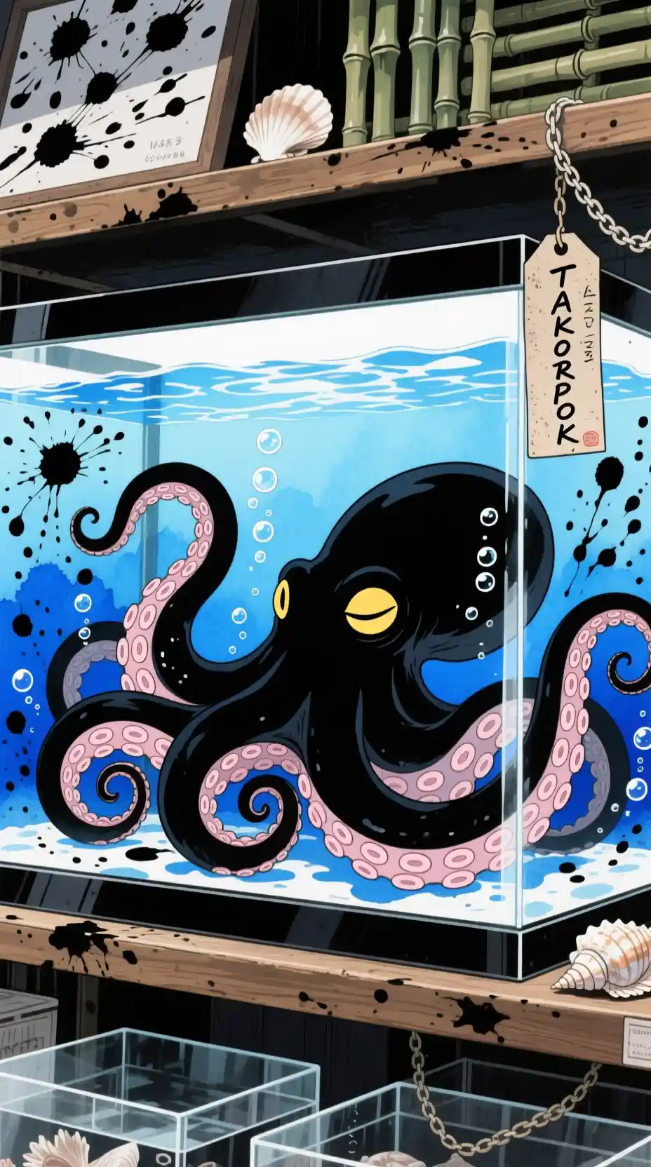 Serene Giant Octopus Resting In A Dim Glass Tank