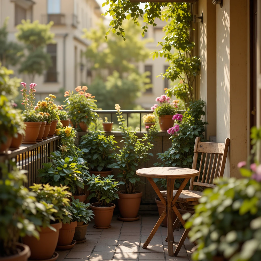 Balcon européen cosy avec plantes dans une douce lumière matinale