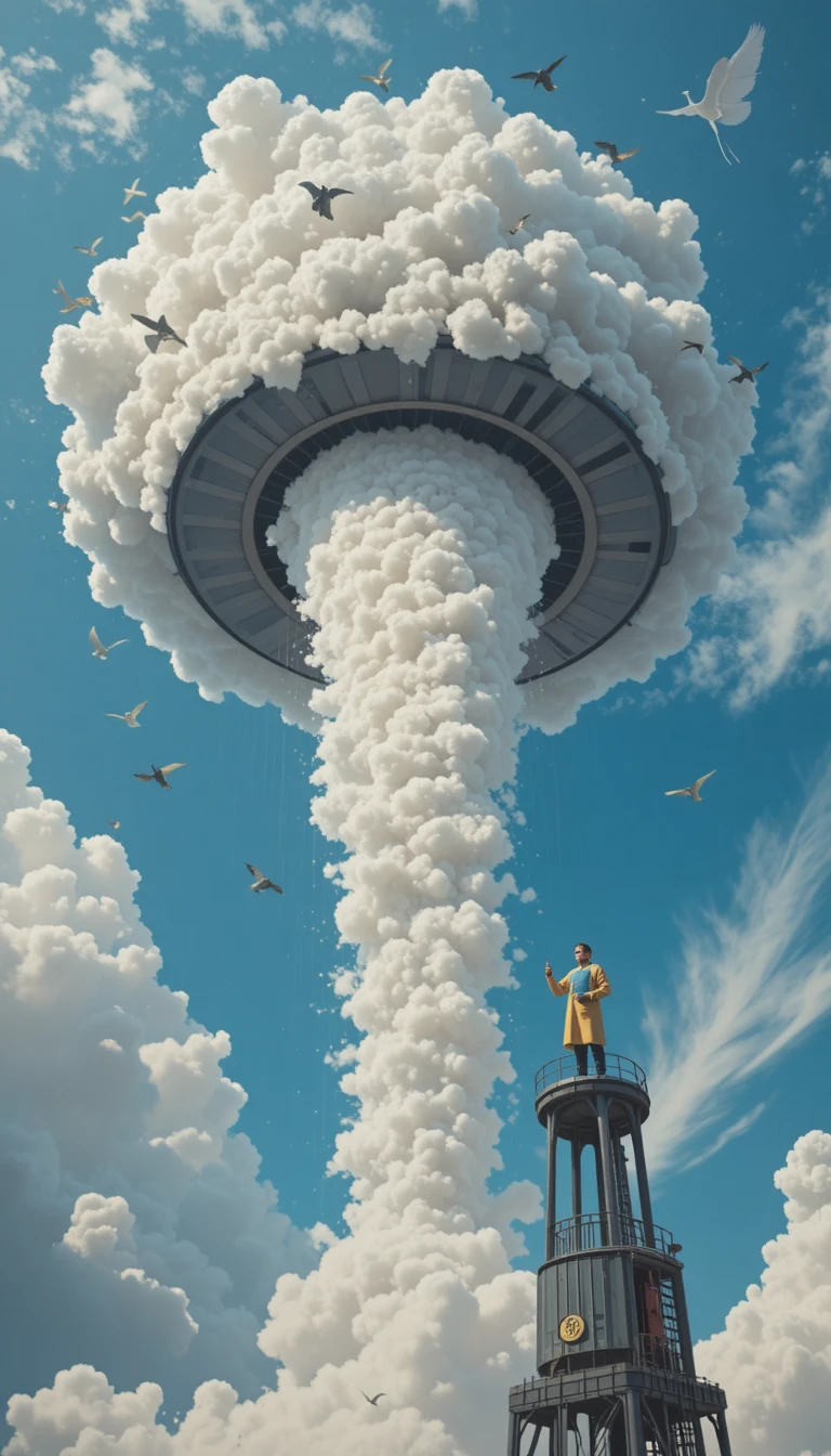 Aspirador futurista sugando nuvens fofas do céu