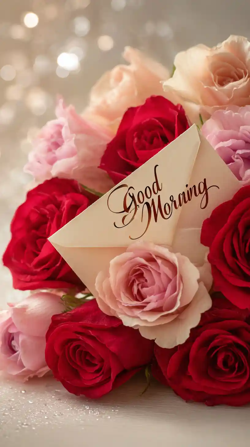 Elegant roses in envelope with morning greeting card