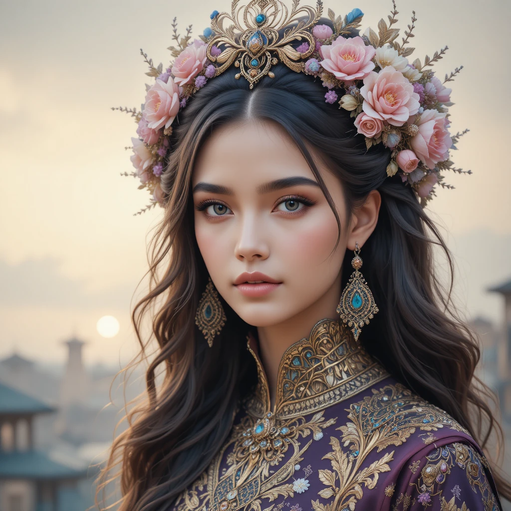 Regal girl portrait with blue eyes and floral hairpiece