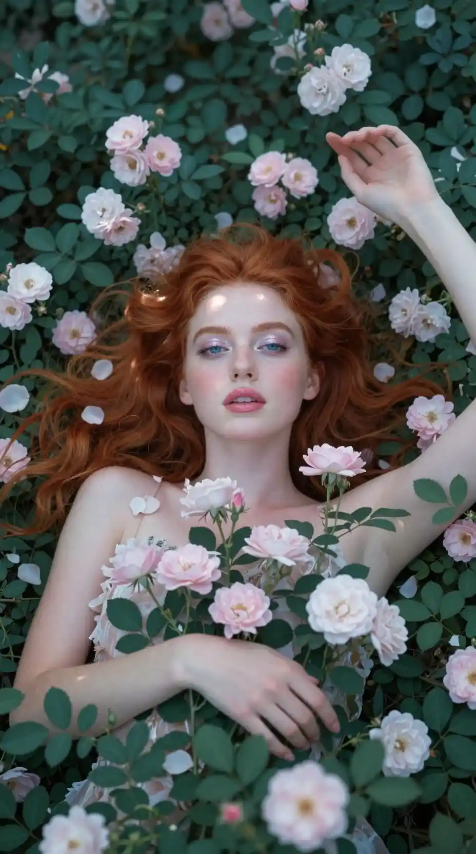 Junge Frau mit roten Haaren, liegend in zartrosa Rosen