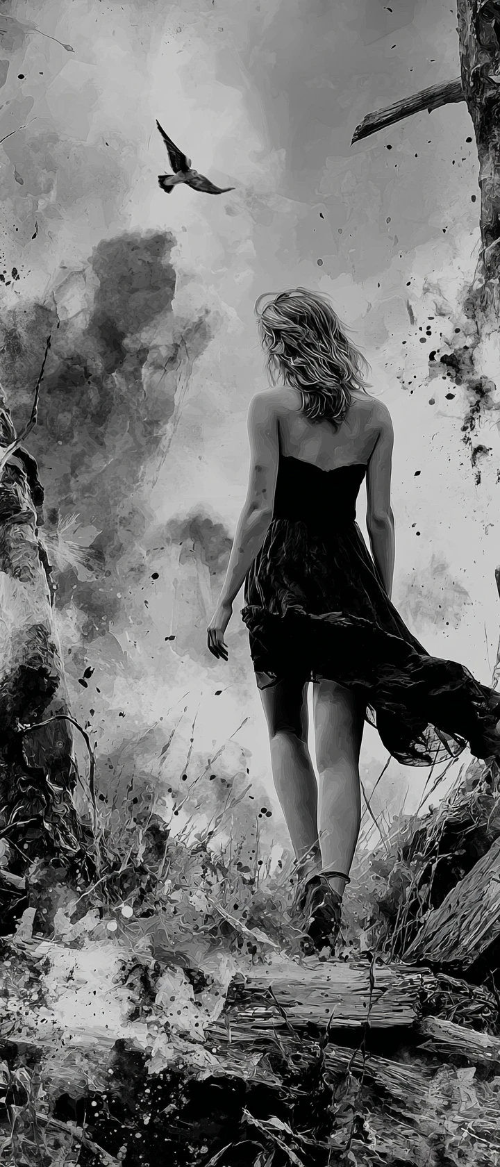 Gothic woman in a dark cornfield with dramatic watercolor light