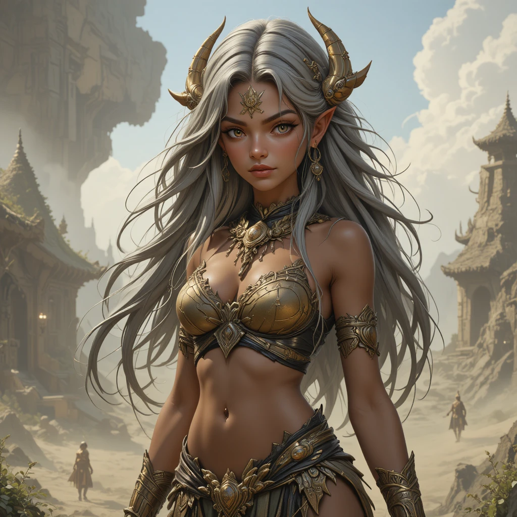 Young earth goddess with tanned skin and dark brown eyes