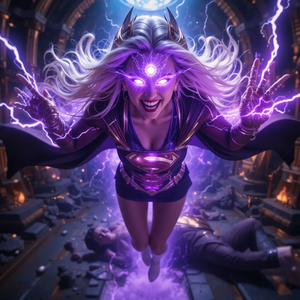 Dark superpowered woman absorbing energy in mystic chamber