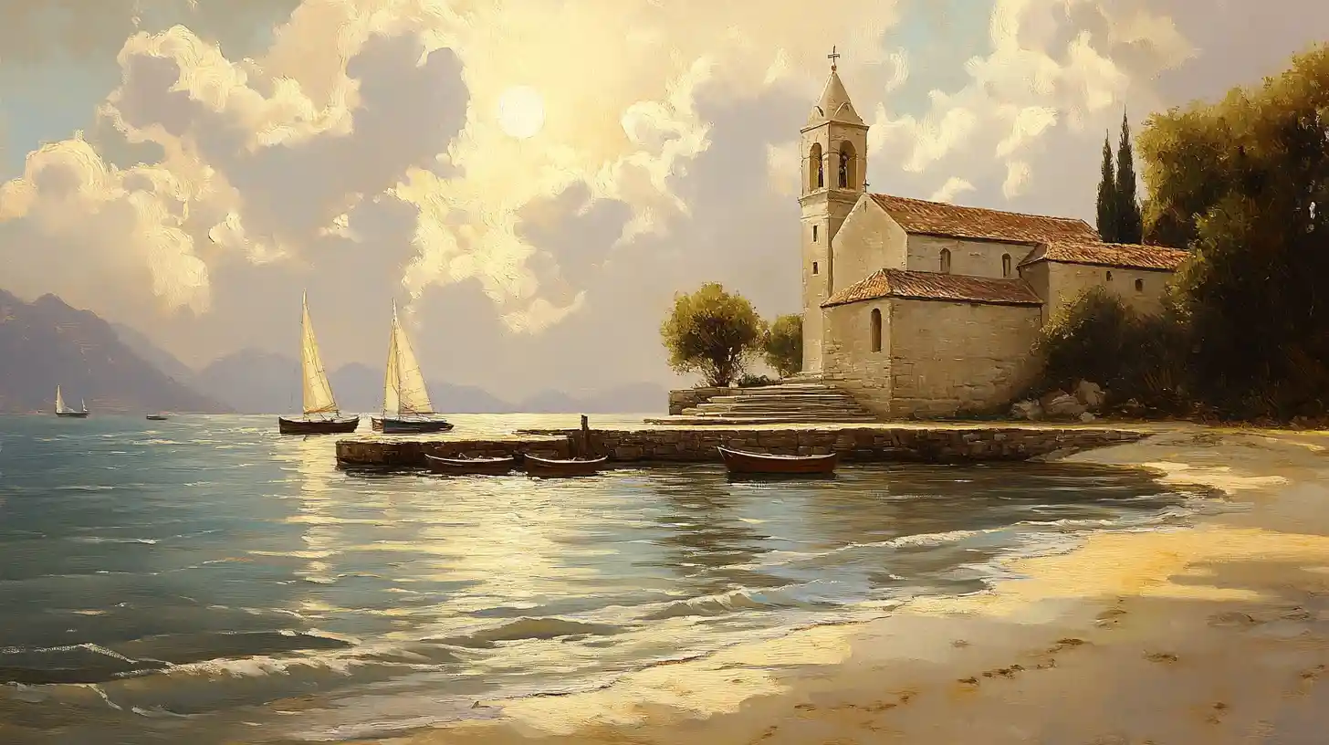 Antigua Iglesia Junto al Mar con Barcos y Reflejos