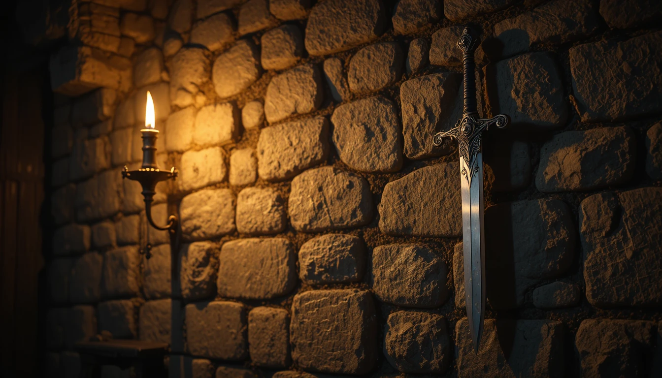 Espada ornamentada pendurada em uma parede de pedra à luz de tochas